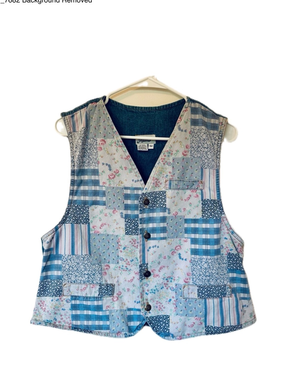 Denim Floral Patchwork Vest - Light Blue & Pink